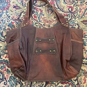 Brown Leather Tote Bag with Stud Accents